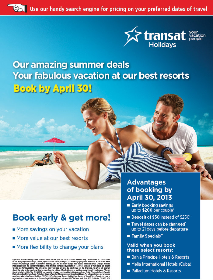 Transat Holidays and Nolitours Early booking bonus